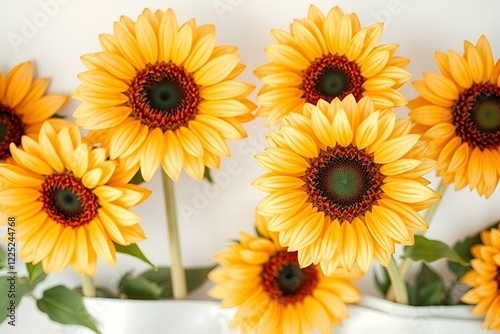 Bright sunflowers displayed in a vase against a light background