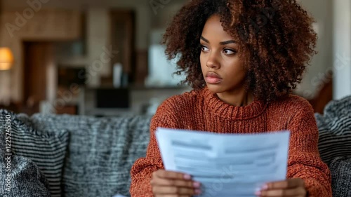 A woman is sitting on a couch and reading a piece of paper. She has a serious expression on her face