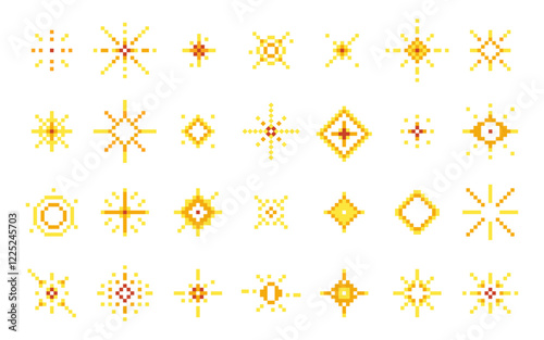 Twinkle star, glitter sparkle burst and shining particle decorative pixel art 8-bit retro style set