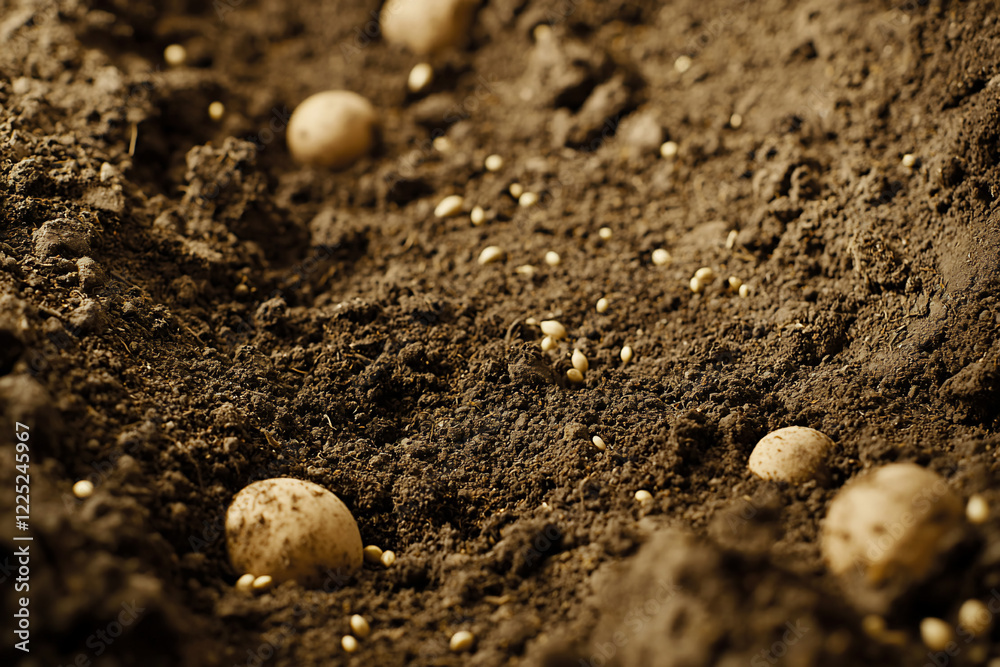 Close-up view of freshly planted potatoes in rich soil, showcasing the planting process in a garden Close-up view of freshly planted potatoes in rich soil, showcasing the planting process in a garden