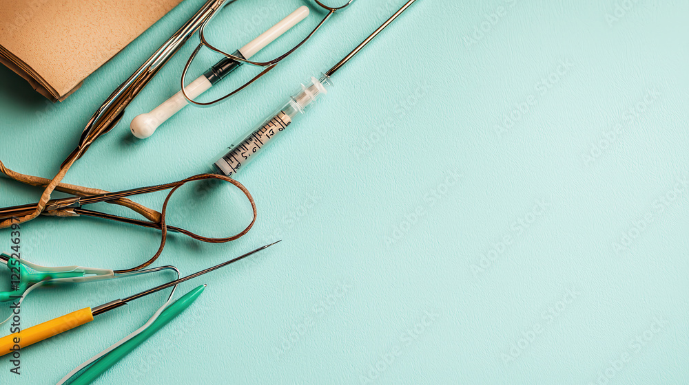 Medical diagnostic tools arranged on turquoise background, showcasing precision instruments and syringe for healthcare professionals Medical diagnostic tools arranged on turquoise background, showcasing precision instruments and syringe for healthcare professionals