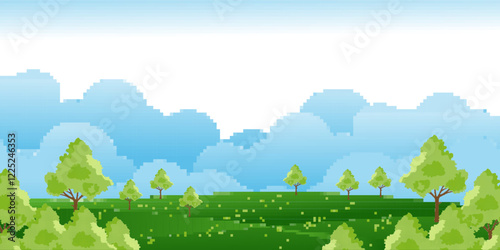 Pixel Art,8bit Spring blue sky ,cloud,forest landscape. Background for arcade,video game.Nature sunny summer interface for mobile apps,programs.Vector Cartoon flat design for Kid bed room
