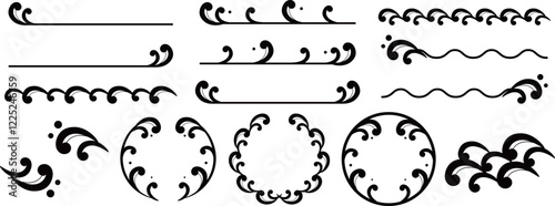 和風の波フレームと装飾セット　ブラック