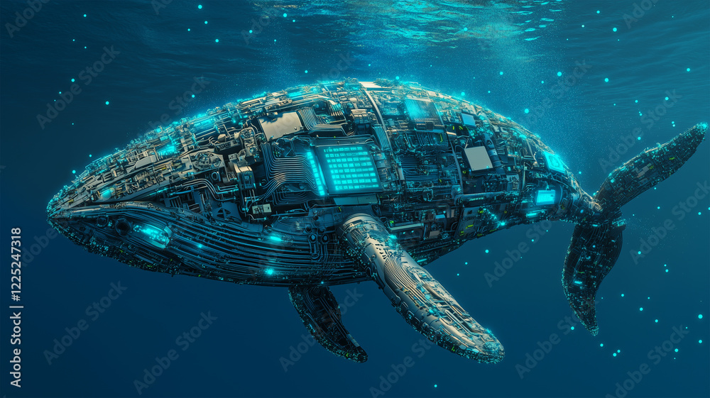 Fototapeta premium 半分が機械、半分が生物のクジラが象徴するバイオメカニクスの未来