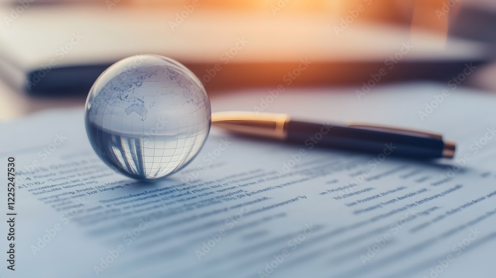 Fototapeta premium Glass Globe Placed on Formal Contract Document with Pen Nearby