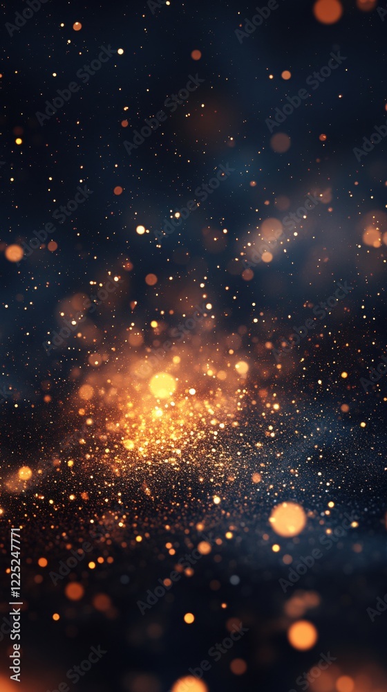 Fototapeta premium Golden particles on dark blue background with bokeh effect creating a festive atmosphere