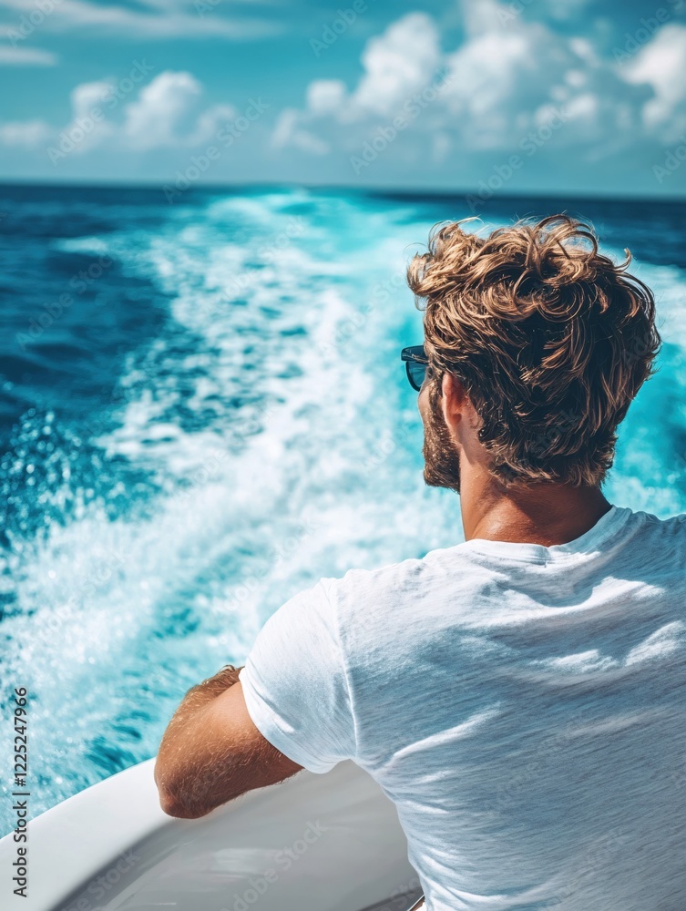 Fototapeta premium Man on boat looking at ocean wake with blue sky and clouds in background on sunny day