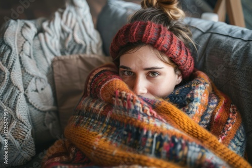 Woman bundled in yellow blanket on couch, feeling cold. Neural network AI generated photo