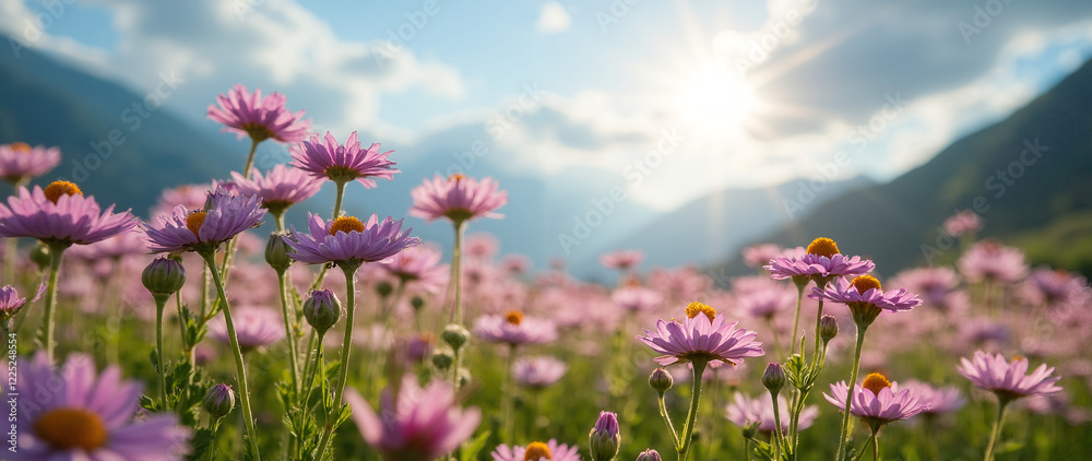 Field of vibrant pink wildflowers blooming under the warm sunlight with mountains in the background. Field of vibrant pink wildflowers blooming under the warm sunlight with mountains in the background.