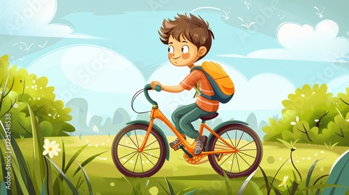 Active Kid Riding Bicycle Outdoors - Cartoon Style Side View