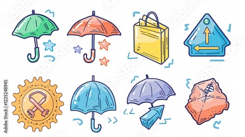 Cargo Stamp Symbols: Umbrella and Arrow Up Icons Cartoon Style