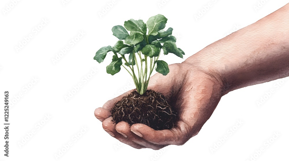 Hands Gently Holding Delicate Green Sprout on Pure White Watercolor Background Hands Gently Holding Delicate Green Sprout on Pure White Watercolor Background