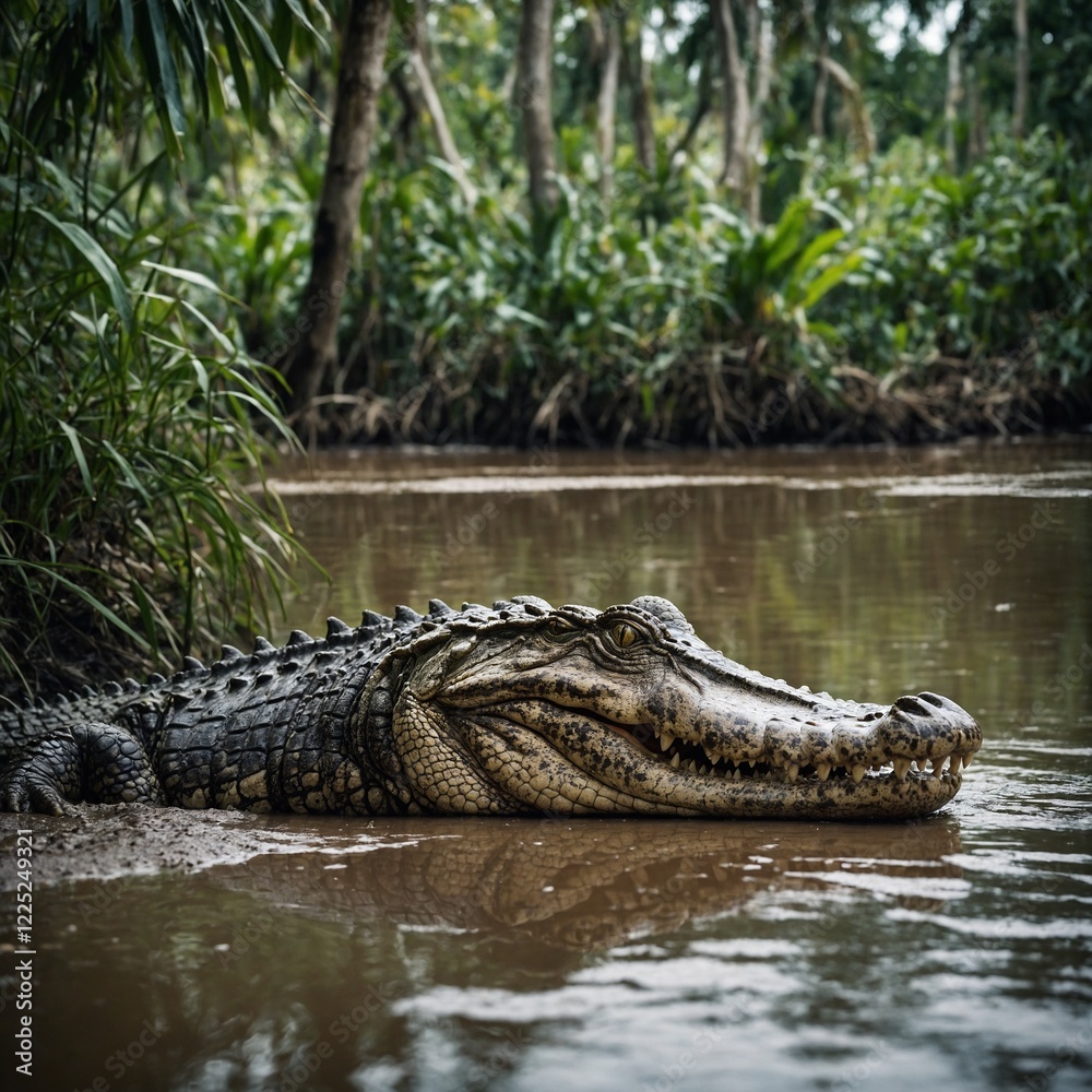 Fototapeta premium Crocodile Resting on a Riverbank. Crocodile in the water. 
