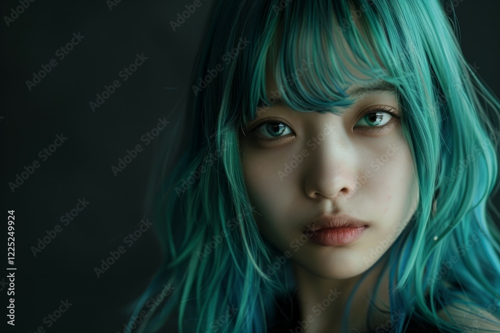 Young woman with green hair in moody lighting. Neural network AI generated Young woman with green hair in moody lighting. Neural network AI generated