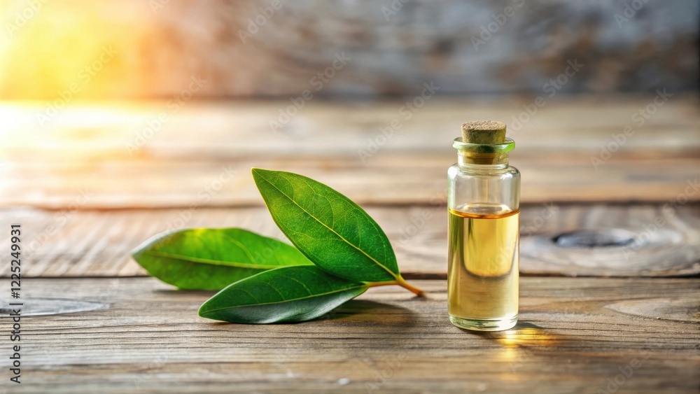 Aromatic Essential Oil in Glass Bottle with Fresh Green Leaves on Rustic Wooden Surface