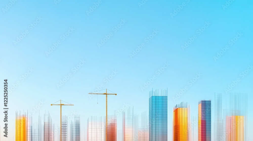 Dynamic Construction Scene in a Modern Cityscape with Cranes and Building Frameworks Under Clear Blue Sky Dynamic Construction Scene in a Modern Cityscape with Cranes and Building Frameworks Under Clear Blue Sky