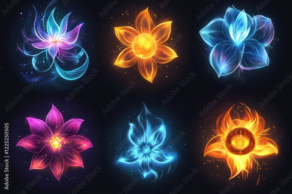 Six glowing flower illustrations with vibrant colors on black background for design elements Six glowing flower illustrations with vibrant colors on black background for design elements