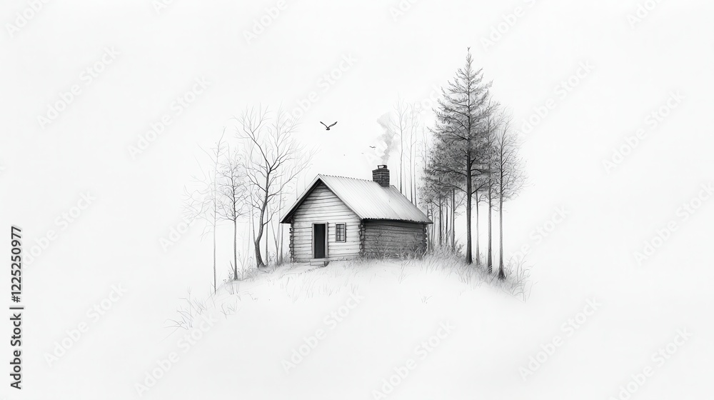 Hand-Drawn Pencil Illustration of a Rustic Wooden Cabin Surrounded by Trees in a Serene Winter Landscape Hand-Drawn Pencil Illustration of a Rustic Wooden Cabin Surrounded by Trees in a Serene Winter Landscape