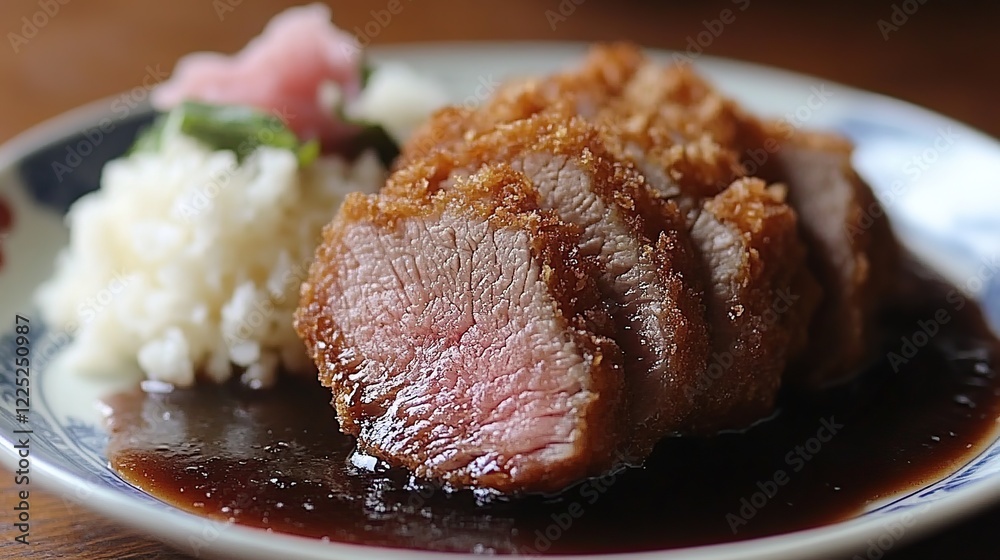 Crispy pork cutlet, rice, sauce, garnish. Delicious meal. Food blog Crispy pork cutlet, rice, sauce, garnish. Delicious meal. Food blog