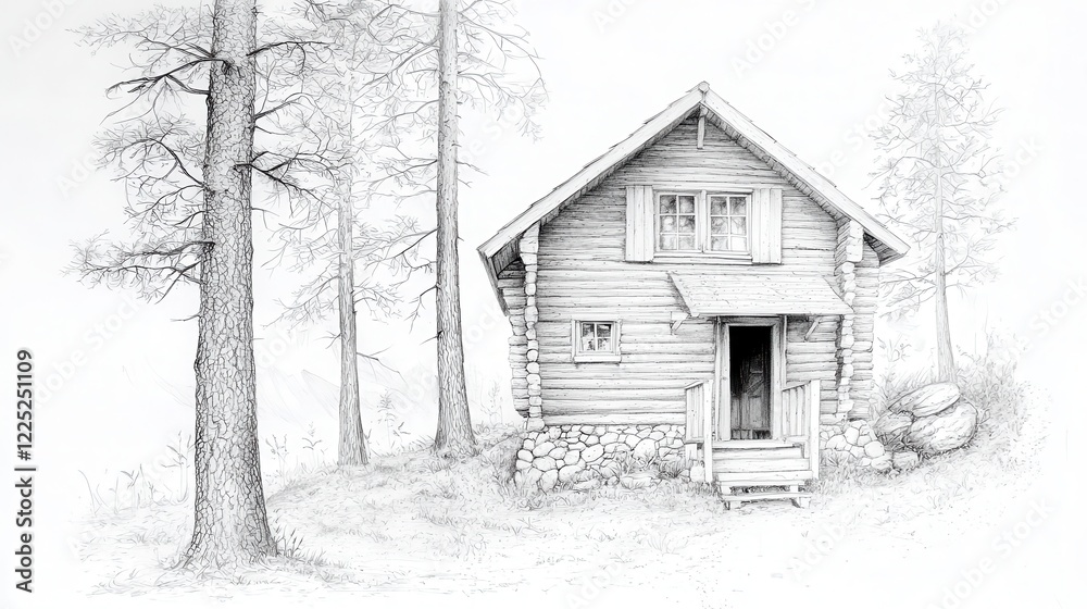 Detailed Hand-Drawn Pencil Illustration of a Rustic Wooden Cabin Surrounded by Trees Detailed Hand-Drawn Pencil Illustration of a Rustic Wooden Cabin Surrounded by Trees