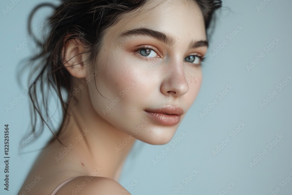 Portrait of a beautiful girl with natural skin color on a grey background. Neural network ai generated Portrait of a beautiful girl with natural skin color on a grey background. Neural network ai generated