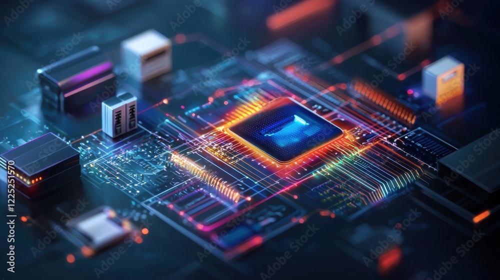 Obraz premium Futuristic Circuit Board with Illuminated Microchips and Digital Patterns