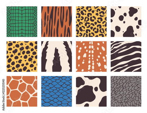 Animal prints seamless pattern, mammals fur and fish, reptile skins camouflage colorful isolated set