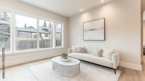 Modern Minimalist Living Room  A serene and inviting living room exudes minimalist elegance with its neutral palette  plush furniture  and large windows that flood the space with natural light.