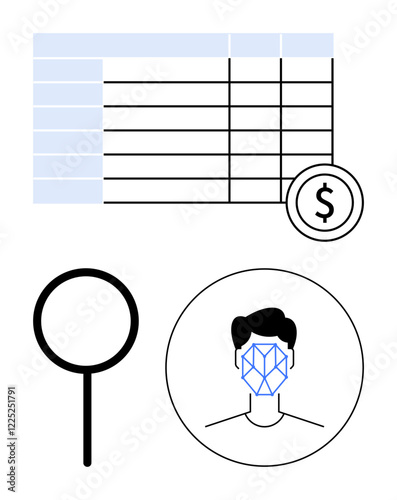 Facial recognition inside circular frame, magnifying glass, dollar icon near grid-thumbs up table. Ideal for AI, biometrics, data analysis, finance, security, surveillance digital identification