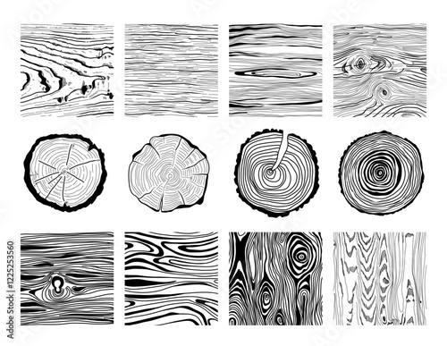 Wood texture material surface, round timber structure design elements isolated black-and-white set