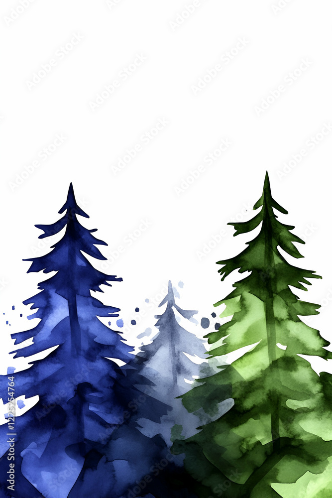 Obraz premium A serene watercolor illustration of evergreen trees in shades of blue and green, set against a blank white background.