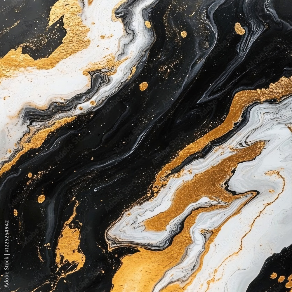 Abstract art with gold accents on black and white fluid paint texture for background design Abstract art with gold accents on black and white fluid paint texture for background design