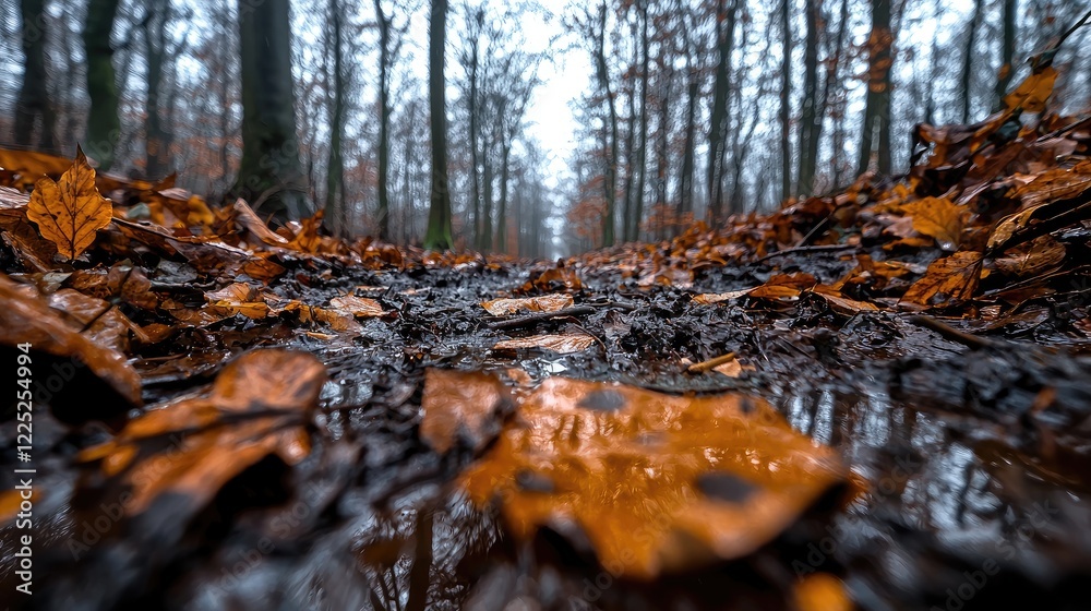 Autumnal forest path, muddy trail, fallen leaves, misty background, nature walk Autumnal forest path, muddy trail, fallen leaves, misty background, nature walk