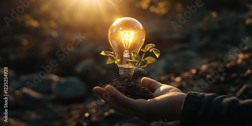 hand holding lightbulb with small tree and sunshine photo