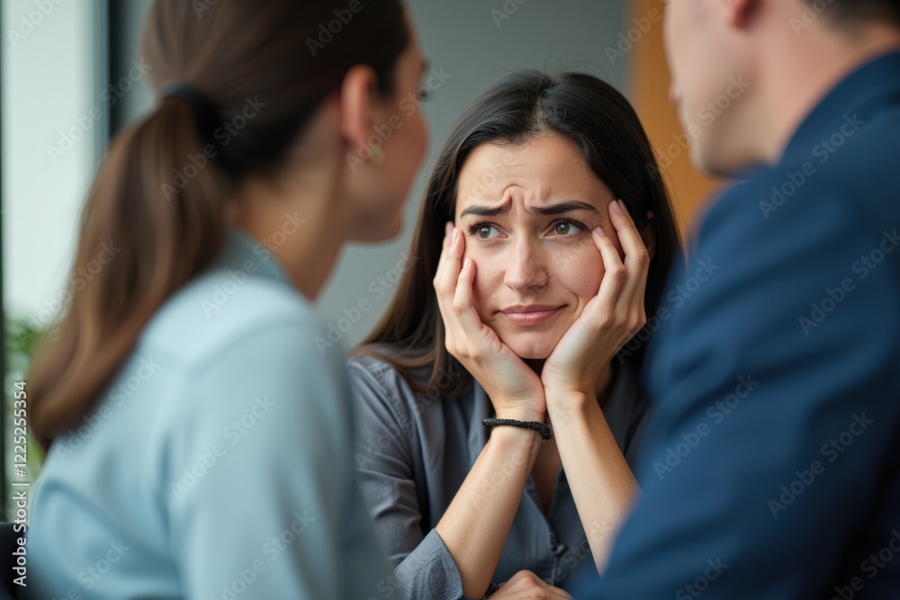 Emotional Discussion in a Corporate Setting: A Woman Looks Concerned While Engaging in Dialogue with Two Colleagues During a Serious Meeting Emotional Discussion in a Corporate Setting: A Woman Looks Concerned While Engaging in Dialogue with Two Colleagues During a Serious Meeting
