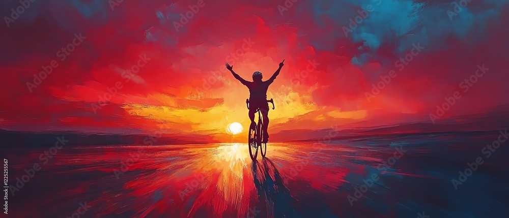 Fototapeta premium Cyclist silhouetted with raised bicycle, victorious moment, race and success concept, dramatic sunset sky, highresolution detail, soft lighting, 8K quality