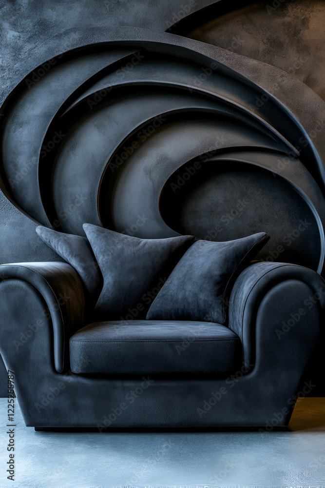 Obraz premium A modern black sofa with unique curved designs on the wall, creating a stylish and artistic interior ambiance.