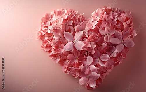 Delicate heart shape made of fresh pink flowers, rich textures and soft petals, on a light pink background, highresolution, soft focus, ultrarealistic