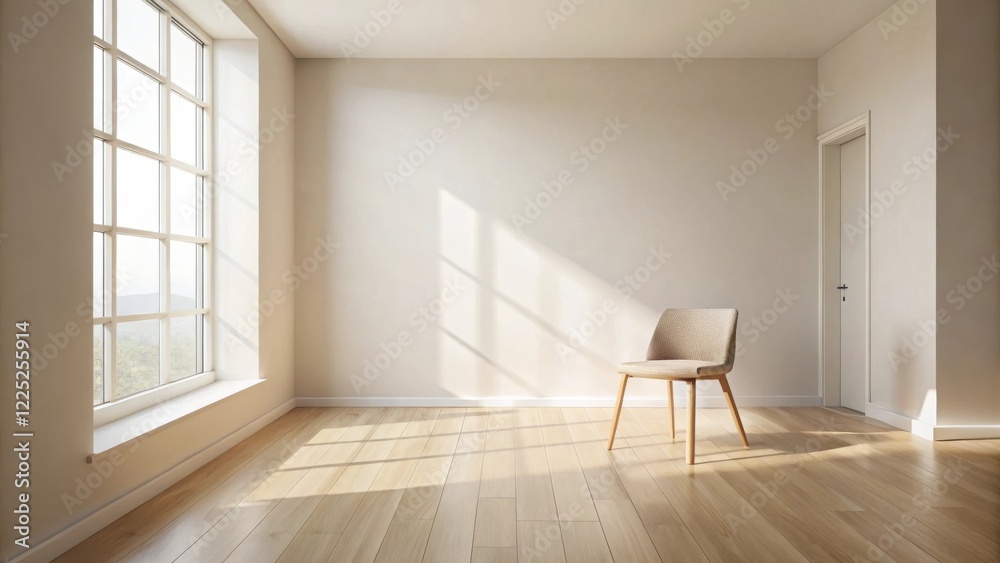 Fototapeta premium Sunlight Illuminates an Empty Room with Light Wood Floors and a Single Chair
