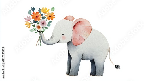 Adorable Elephant Holding a Colorful Bouquet of Flowers in Watercolor Style for Creative Projects