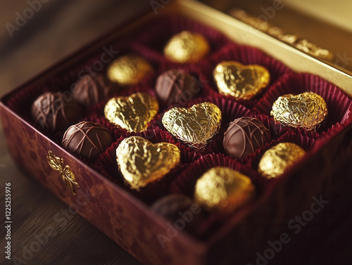 Close-up photo of a luxurious chocolate box with heart-shaped truffles wrapped in golden foil