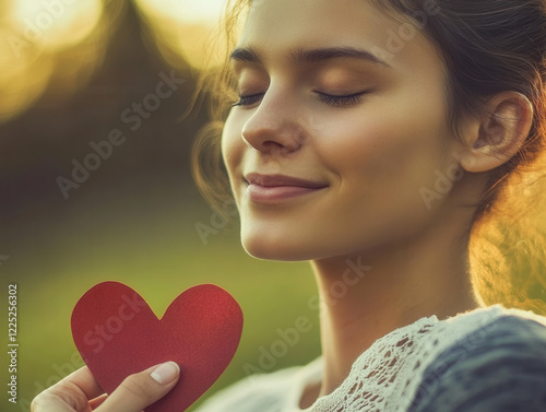 Close-up photo of a young woman holding a red paper heart near her chest, eyes closed, soft smile, golden hour lighting