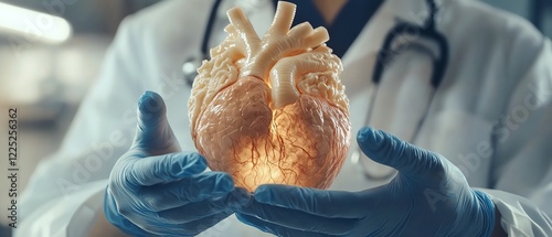 Doctor holding a human heart anatomical model, cardiological consultation, heart health treatment, medical environment, soft lighting, highdefinition detail