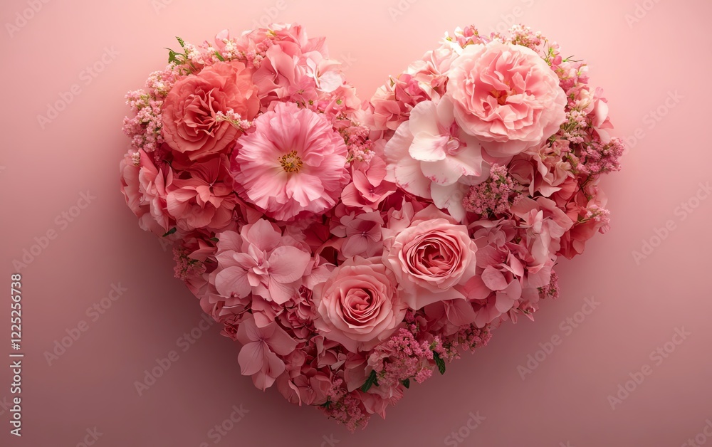 Fresh pink flowers arranged in a heart shape, soft pink backdrop, vibrant petals and lush texture, romantic floral design, highdefinition clarity, photorealistic Fresh pink flowers arranged in a heart shape, soft pink backdrop, vibrant petals and lush texture, romantic floral design, highdefinition clarity, photorealistic