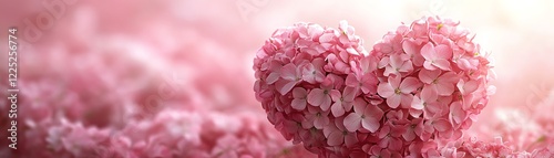 Fresh pink flowers arranged in a perfect heart shape, soft pink tone backdrop, highdetail petals, romantic design, ultrarealistic lighting, highdefinition