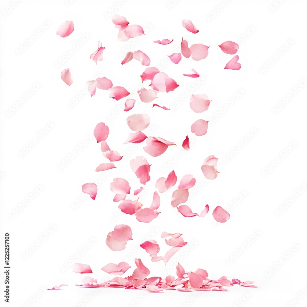 Soft pink petals falling down on a white background creating a delicate and romantic scene Soft pink petals falling down on a white background creating a delicate and romantic scene