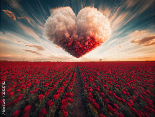 Dreamy landscape photo of a field of red roses with a large heart-shaped cloud in the sky