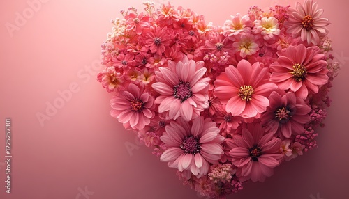 Heart shape formed by fresh pink flowers, soft petals and vibrant colors, on a gentle pink background, romantic and delicate, highdetail, ultrarealistic, 8K resolution
