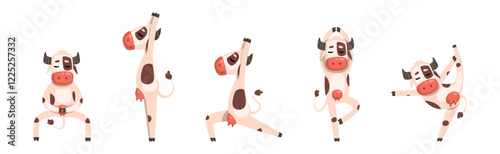 Funny Cow Farm Animal Enjoy Yoga Pose Vector Set