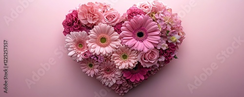 Heartshaped floral arrangement using fresh pink flowers, soft pink backdrop, lush petals and intricate details, romantic and delicate, highdefinition 4K